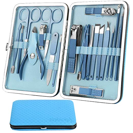 Manicure Set, ESARORA 20 In 1 Stainless Steel Professional Pedicure Kit Nail Scissors Grooming Kit with Blue Leather Travel Case
