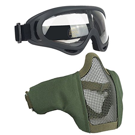 Airsoft Masks - Adjustable Half Metal Steel Mesh Face Mask And UV400 Goggles Set For Hunting, Paintball, Shooting