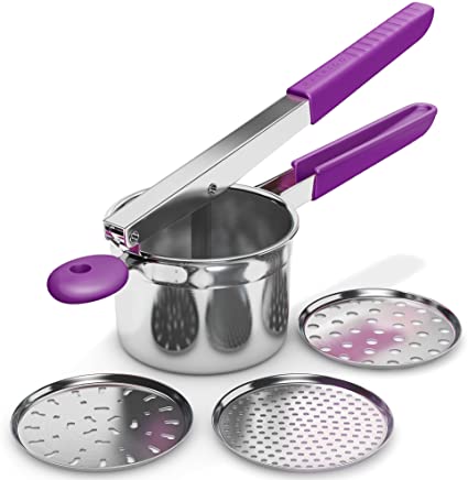 Potato Ricer Stainless Steel with 3 Interchangeable Fineness Discs, Ricer Kitchen Tool for Mashed Potatoes, Cauliflower Rice Maker Masher, Gnocchi Potatoe Spaetzle Press Patoto Masher (Purple)