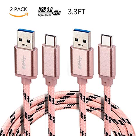USB Type C Cable, Leadleds USB C Cable (USB3.0,3.3ft 2 Pack) Nylon Braided Fast Charger Cord for Samsung Galaxy S9 S8 Note8, LG G6 G5 V20,Moto Z2,Google Pixel,New Macbook (Rose Gold)
