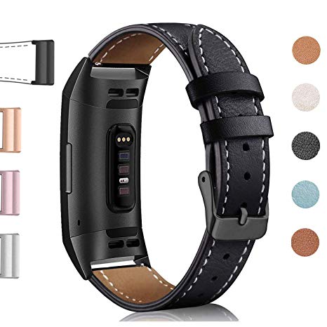 Hotodeal Leather Band Compatible Charge 3, Classic Replacement Genuine Leather Bands Metal Connectors Women Men Small Large Size Silver, Rose Gold, Black