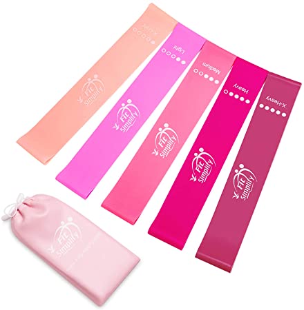 Fit Simplify Resistance Loop Exercise Bands with Instruction Guide, Carry Bag, EBook and Online Workout Videos, Set of 5, Pink Peach