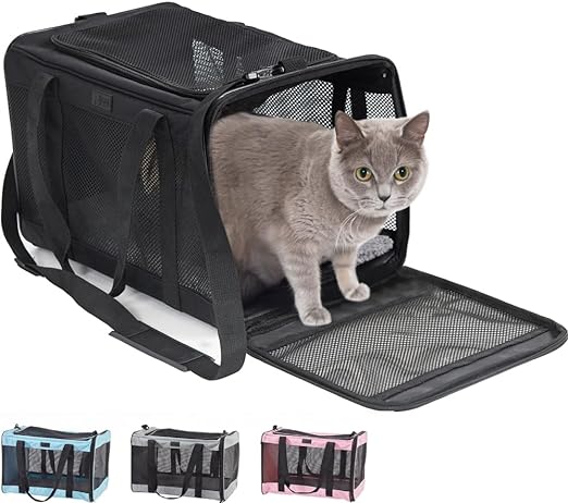Gorilla Grip Airline Travel Cat Carrier Bag Up to 15 Lbs, Breathable Mesh Collapsible Pet Carriers for Small, Medium Cats, Small Dogs, Puppies, Portable Kennel with Soft Washable Waterproof Pad Black