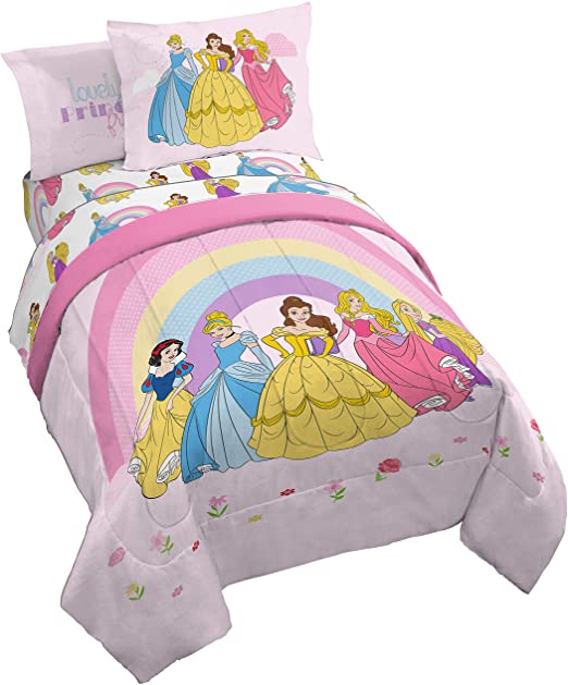 Jay Franco Disney Princess Rainbow 5 Piece Twin Bed Set - Includes Comforter & Sheet Set - Bedding Features Aurora, Belle, Cinderella - Super Soft Fade Resistant Microfiber (Official Disney Product)