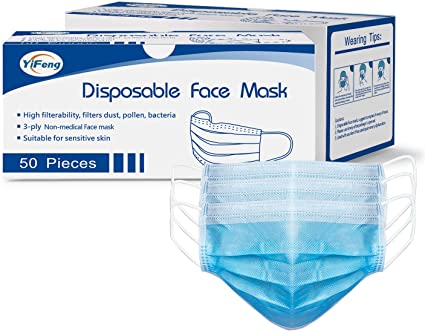 50pcs Disposable Face Masks, 3 Ply Safety Masks with Elastic Earloops and Adjustable Nose-bridge, Blue Breathable Mouth Masks for Protection against Air Pollution, Dust, Pollen,
