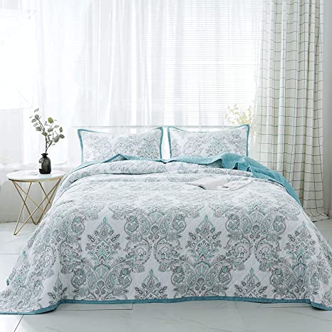 KASENTEX 3-Piece Oversized Twin XL Quilt Set Soft 100% Cotton Bedspread Coverlet Sets (Blue Paisley, 80X106+20X26 X2)