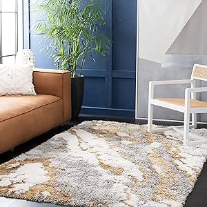 SAFAVIEH Horizon Shag Collection Area Rug - 8' x 10', Grey & Gold, Modern Abstract Design, Non-Shedding & Easy Care, 2.6-inch Thick Ideal for High Traffic Areas in Living Room, Bedroom (HZN890D)