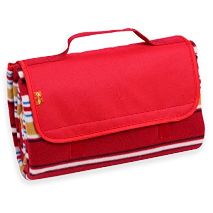 Yodo Compact Water-Resistant Picnic Blanket Tote (59 X 53 inches) with Soft Fleece,Spring Summer Red Stripe