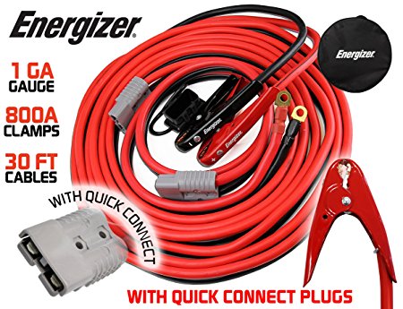 Energizer 1-Gauge 800A Permanent installation kit Jumper Battery Cables with Quick Connect plug 30 Ft Booster Jump Start ENB-130 - 30' Allows you to boost a battery from behind a vehicle!
