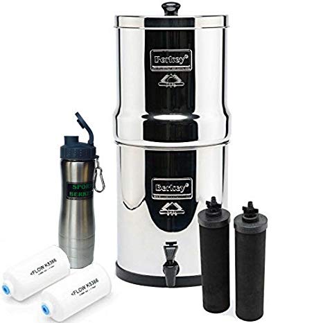 Premium Berkey RB4X2-BB Royal Stainless Steel Water Filtration System with 2 Black Filter Elements bundled with Berkey Stainless Waterbottle