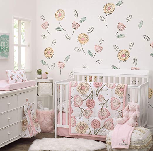 NoJo Beautiful Floral - Pink, Grey, White 10 Piece Crib Nursery Bedding Set - Comforter, 2 Fitted Crib Sheets (2 Prints), Dust Ruffle, Decorative Pillow, Diaper Stacker, Baby Blanket, Changing Pad Co