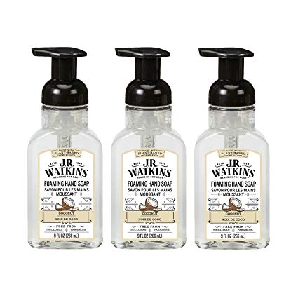 J.R. Watkins Foaming Hand Soap, Coconut, 3 Pack, Scented Foam Handsoap For Bathroom or  Kitchen, USA Made And Cruelty Free, 9 Fl Oz