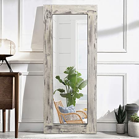 Trvone Full Length Dressing Mirror Wood Floor Mirror Solid Wood Frame Mirror with Standing Holder Wooden Frame Vertical and Horizontal Hanging Mirror Wall Decor (58"x24", Weathering White)