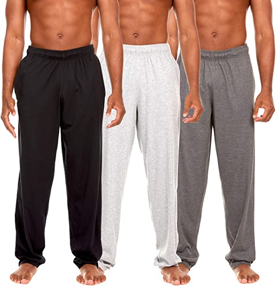 Essential Elements 3 Pack: Men's 100% Cotton Jersey Lounge Casual Sleep Bottom Pajama Drawstring Pants with Pockets