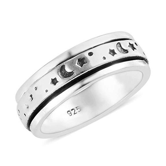 Mens Moon Star Spinner Statement Ring 925 Sterling Silver Boho Handmade Jewelry for Women