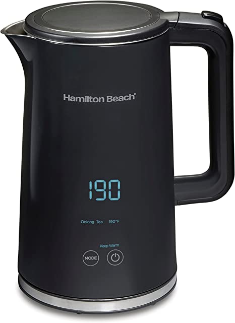 Hamilton Beach 41033 Digital Electric Tea Kettle, Hot Water Boiler & Heater 1.7 L, 5 Preset Modes   Keep Warm, Fast Boil 1500W, BPA Free, Cool-Touch Stainless Steel Exterior, Black