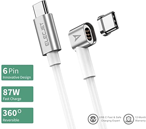 Magnetic USB Type C Cable | MagJet | Compatible with MacBook Pro | 2m | 4.3A 87W Fast Charge | 6 Pin Reversible | QC 3.0 & PD | MagSafe Magnet Charging Charger Samsung S8, Dell XPS, USB C Devices