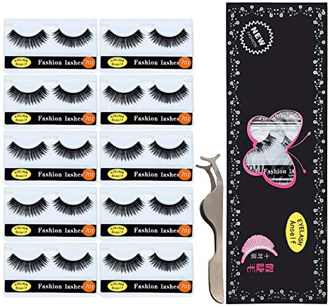 3D False Lashes, Anself 10 Pairs Fake Eyelashes with False Lashes Applicator, Long Thick Curly Lashes, Makeup Lashes Strip for Eye Makeup, with Precision Eyelashes Clip