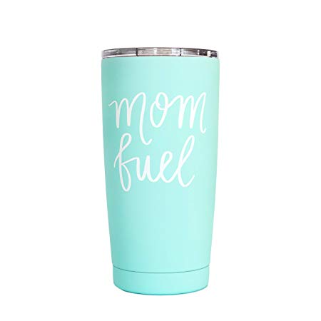 Mom Fuel Stainless Steel Metal Travel Mug Mommy Power Mama Strength Teal Mint Cute Inspirational Accessories for Women Motivational Gifts Commuter Tumbler Cup with Lid 17oz Hand Lettered