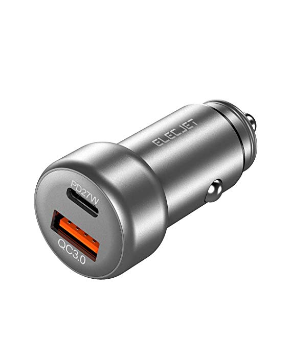ELECJET USB C Car Charger, 45W Adapter with 27W PD USB C/ 18W USB A QC 3.0 Dual Port, for Galaxy S10/S10e/S9/S8/S7/S6/S5, iPhone XS/Max/XR/X/8plus/8/7plus/7, iPad Pro/Air, LG G7/6/5/4, Switch and More