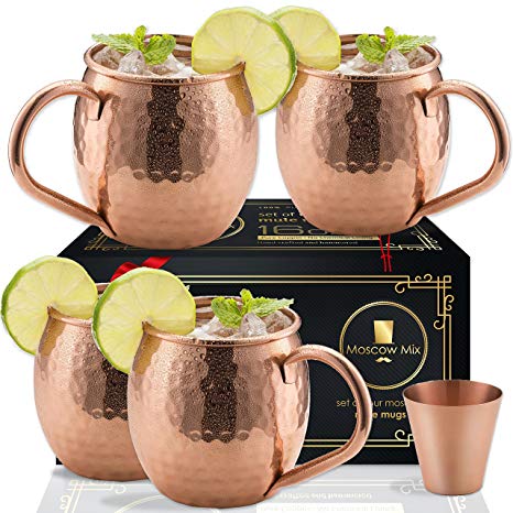 Moscow-Mix 100% Solid Copper Moscow Mule Mugs With Copper Handle FREE SHOT Glass - 16 Oz Copper Moscow Mule Mugs - Solid Copper Hammered Mug - Copper Cups for Moscow Mule [16Oz] [Hammered] [Set of 4]