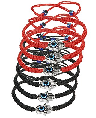 LOYALLOOK 6pcs Braided String Kabbalah Bracelets Rotating Evil Eye Hamsa Hand for Protection Bracelet Red/Black String