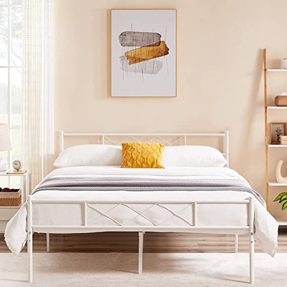 VECELO Metal Queen Size Bed Frame Mattress Foundation with Headboard & Footboard/Firm Support & Easy Set up, Solid White