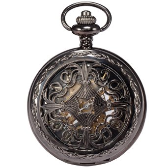 AMPM24 Steampunk Black Copper Case Skeleton Mechanical Pendant Pocket Watch Fob WPK167