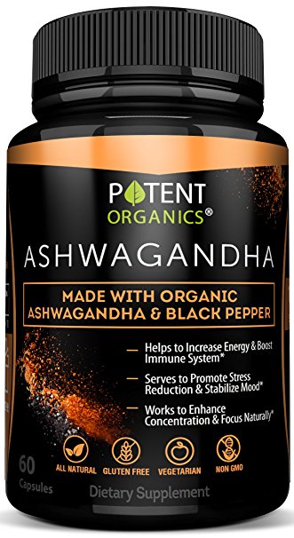 100% Organic Ashwagandha 1300 mg - Natural Energy & Immune System Booster - Stress & Anxiety Relief - Organic, Vegetarian & GMO-Free – 60 Capsules with Black Pepper for Absorption
