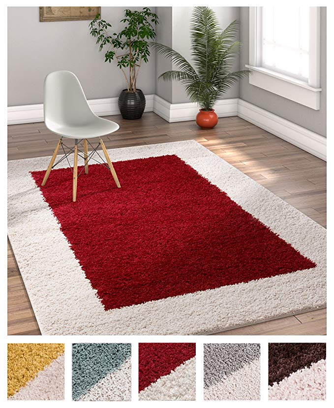 Porta Border Modern Geometric Shag 5x7 ( 5' x 7'2'' ) Area Rug Red Beige Plush Easy Care Thick Soft Plush Living Room
