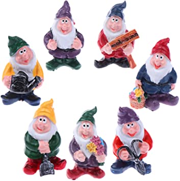 VAIPI 7 Pcs Mini Gnomes Fairy Garden Accessories Set Seven Dwarfs Statue with Flowers and Tools for Home Decoration Outdoor Small Ornaments and Children Gifts