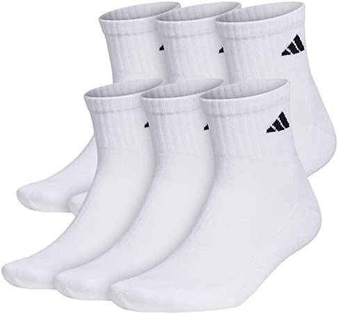 adidas Men's Athletic Cushioned Quarter Sock (6-Pair), White/Black, Large, (Shoe Size 6-12)