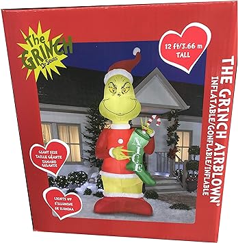 Gemmy 12Ft Airblown Grinch with Nice Stocking and Santa Cap Inflatable Outdoor Holiday Decoration