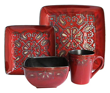 Marquee 16-Piece Reactive Square Dinnerware Set, Red