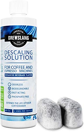 Universal Descaling Solution for Keurig, Cuisinart, Breville, Kitchenaid, Nespresso, Delonghi, Krups and all Coffee and Espresso Machines (Made in the USA) - 1 Bottle   2 Filters - By Brewslang