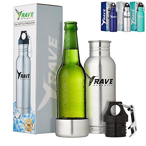 Stainless Steel Bottle Insulator - Beer Cooler - Bottle Holder - Fits Most 12oz Bottles - Cold Beer - Liquid Tight Seal with Bottle Opener by RAVE Dynamics