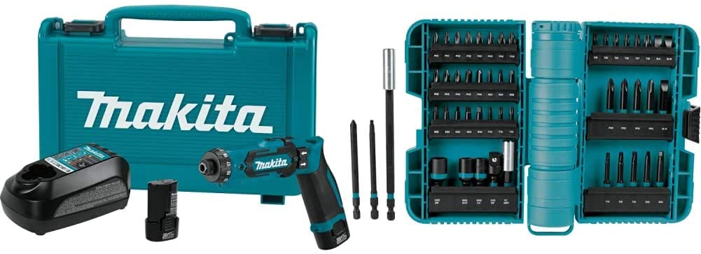 Makita DF012DSE 7.2V Lithium-Ion Cordless 1/4" Hex Driver-Drill Kit with Auto-Stop Clutch & A-98348 50 Piece Impactx Driver Bit Set