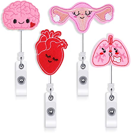 4 Piece Felt Retractable Badge Reel Holder for Nurse Brain Uterus Lung and Heart Badge Reel Cute Nurse ID Badge Holders Felt Tag Holder with Alligator Clip for Nurse Doctor Teacher Student Easy to Use