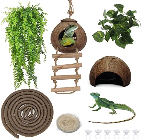 Bearded Dragon Tank Accessories Reptile Habitat Decor Reptiles Hanging Plants Artificial Bendable Climbing Vines and Hidden Coconut Shell Hole for Chameleon, Lizards, Gecko, Snakes to Perch and Play