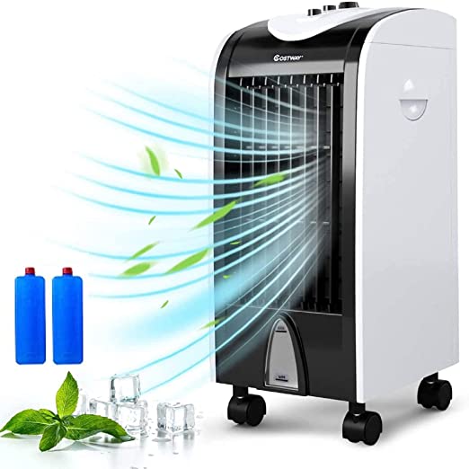 COSTWAY Evaporative Cooler, Portable Cooling Fan with Fan and Humidifier, 3-Mode, 3-Speed, Include Ice Crystal Boxes, Water Tank and Casters, Bladeless Cooler for Home Office Dorms