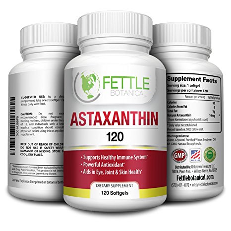 Astaxanthin 120 Softgels 10mg Supplement Strong Carotenoid Antioxidant Helps Optimal Immune Response Skin Health Reduced Eye Fatigue and Joint Pain by Fettle Botanical
