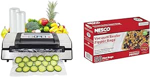 Nesco Deluxe Food VS-12 Vacuum Sealer, 130 Watts, Kit Bags & Viewing Lid, Compact, Silver & Vacuum Sealer Pint Zipper Bags - 50 count