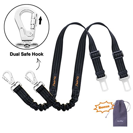 iBuddy Dog Seat Belts for cars of Small/Medium/Large Dogs,Adjustable Pet Seat Belt for Dog Harness with Dual Safe Bolt Hook and Elastic Durable Nylon Dog Safety Belt for Car