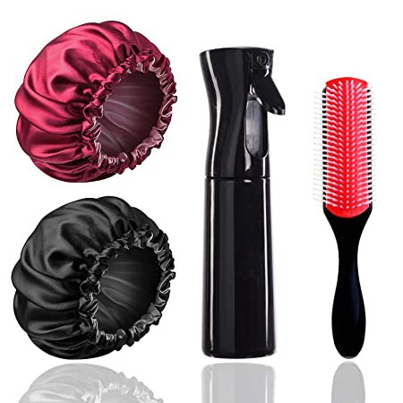 2 Packs Satin Bonnet,Silk Sleep Bonnet Cap,Double Layer Reversible Adjustable,Styling Brush 9 Rows and Continuous Fine Mist Sprayer Bottle for Women Night Haircare Hairbrush(Black Wine Red )