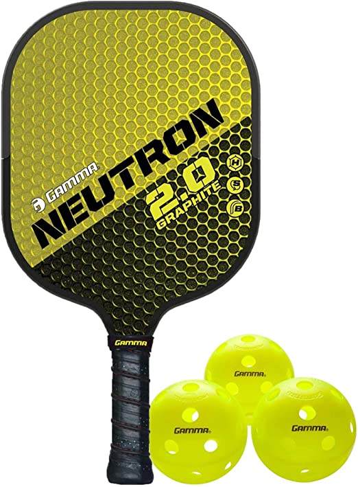 Gamma Sports 2.0 Neutron Pickleball Paddle and 3 Pack Outdoor Pickleballs Bundle: USAPA Approved, Textured Fiberglass Surface, Honeycombed Aramid Core, Durable Edge Guard, and Firm Honeycomb Grip