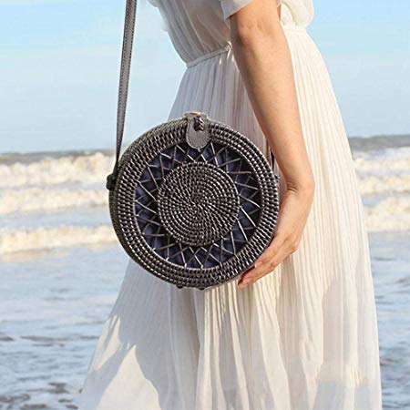 AOLVO Rattan Purse for Women Handwoven Round Rattan Bag Straw Beach Bag with Leather Straps - Black Retro Natural Straw Tote Bag Crossbody Bag Gift for Ladies