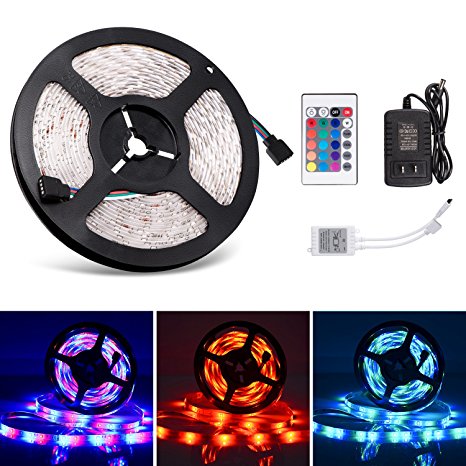 Boomile 5M/16.4ft LED Strip Lights Waterproof RGB SMD 3528 300 LED, Flexible Light Strips, Color Changing Led Light Strip Kit with Remote Controller   Power Supply Home Kitchen Bar Party Decoration