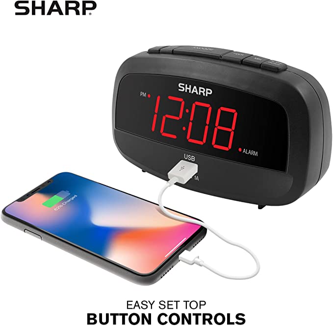 Sharp Digital Clock with Alarm and USB Charging Port - Charge Your Phone Bedside - Battery Back-up - Easy to Use