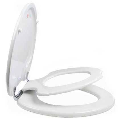 TOPSEAT TinyHiney Potty Elongated Toilet Seat, Adult/Child, w/ Chromed Metal Hinges, Wood, White