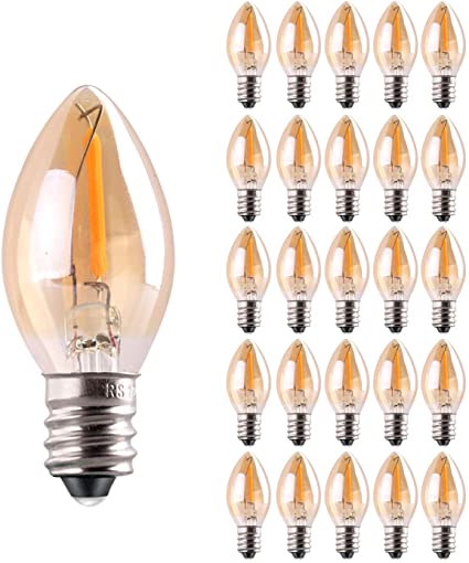 C7 LED Nignt Light Bulb,Classical Edison Style E12 Candle Base, 0.5 Watt LED Filament Bulb, Sign Light Replacement Bulb,5 Watts Equivalent, Ultra Warm White 2200K Amber Glass 25PCS